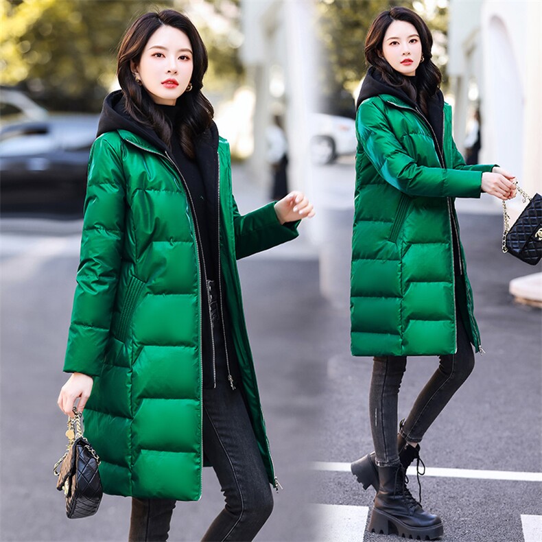 时尚亮面长款羽绒服女 修身显瘦保暖外套 90%白鸭绒填充 免洗易打理 冬季必备单品图片