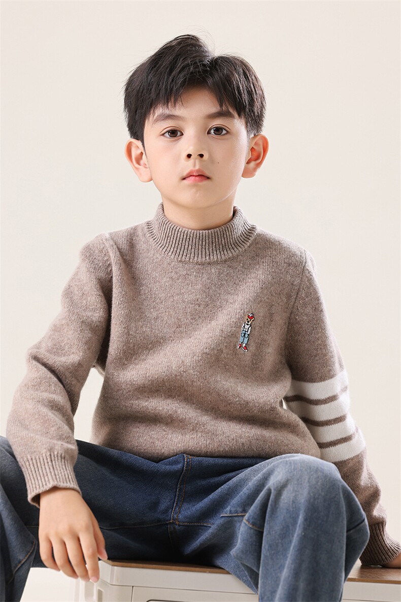 儿童秋冬羊毛衫羊毛纯色简约横杠提花,童装儿童羊毛衫,米咔羊绒