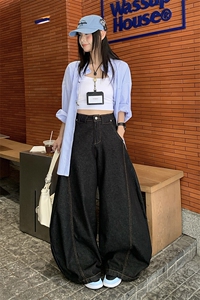 弯刀裤美式复古做旧牛仔裤男女夏季阔腿裤宽松拖地长裤YD9006-P60图片