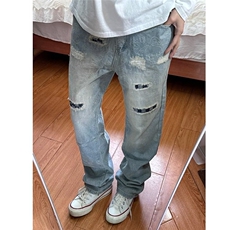 美式风潮流宽松牛仔裤高街破洞补丁阔腿休闲牛仔长裤猫须做旧男裤，男装牛仔裤，星座506A
