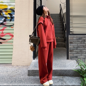 本命年红色卫衣套装女春季2025新款今年流行阔腿裤休闲运动两件套图片