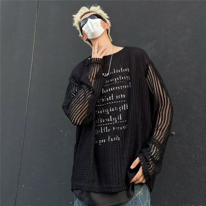 镂空网纱假两件针织罩衫男夏季薄款潮牌防晒长袖t恤外套MY6032,男装防晒衣,星座516A