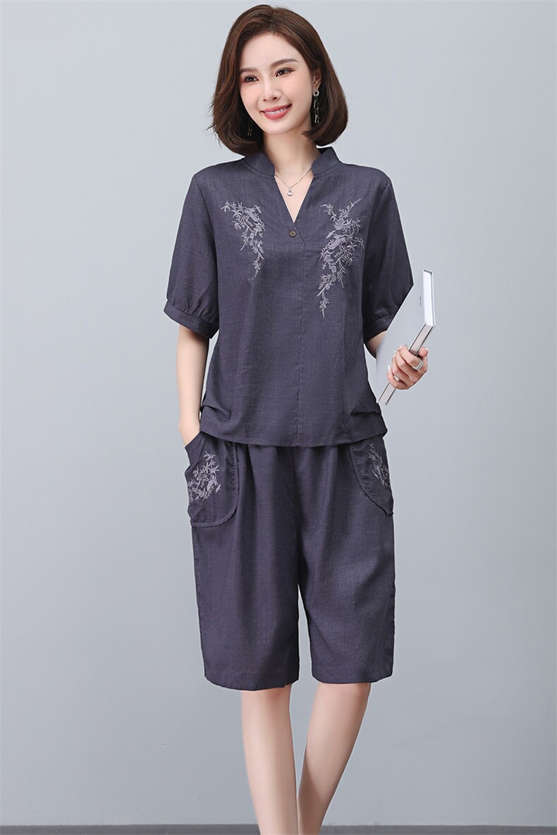 妈妈装气质小衫大码中老年衬衫阔腿裤套装2025年夏季新款苎麻上衣,女装套装/套裙,忆绮罗