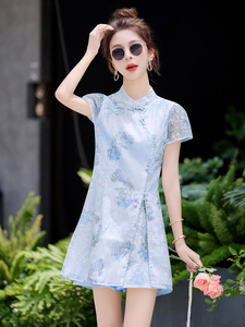 新中式刺绣改良旗袍裙套装女2025夏装时尚钉珠提花减龄短裤两件套图片