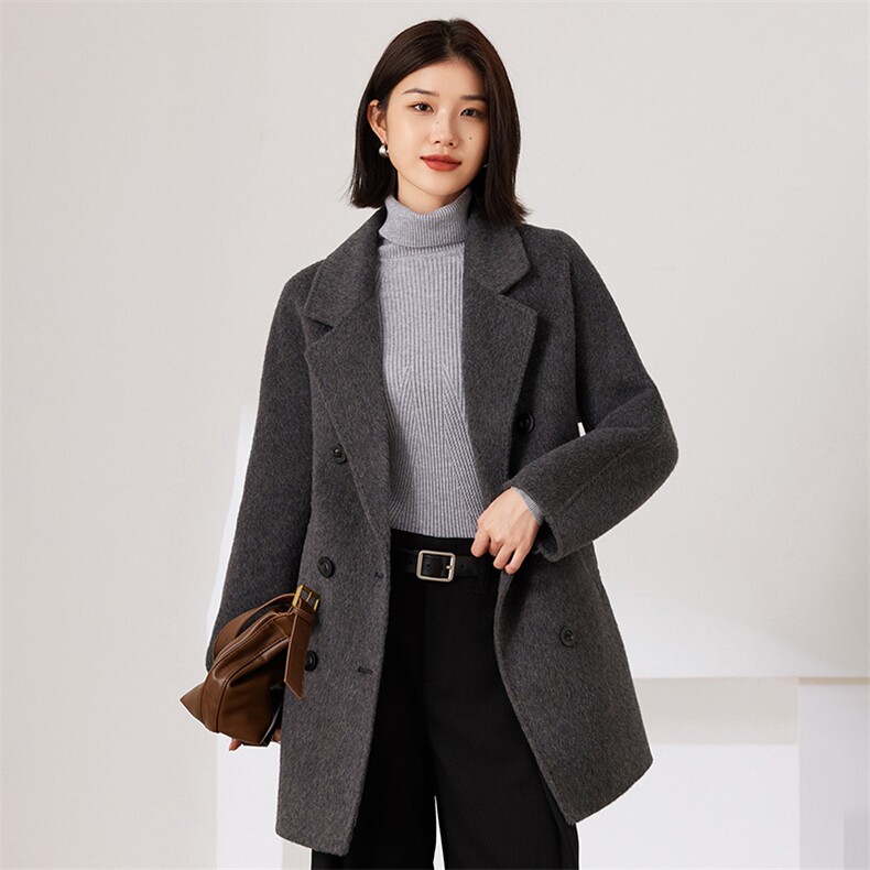中短款双排扣2024年秋冬季新款针织羊毛双面呢大衣女士,女装双面呢大衣,织美生