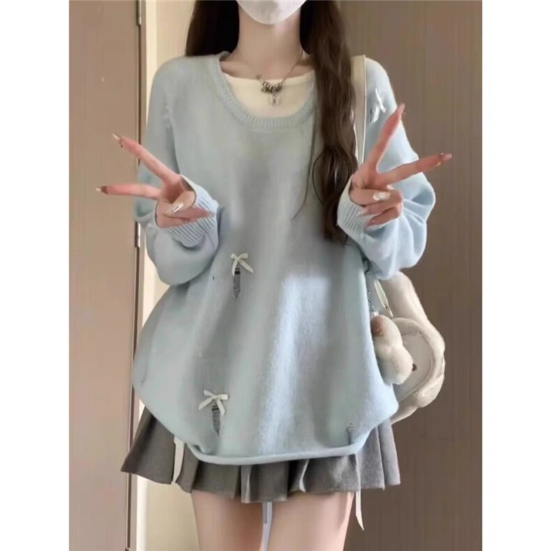 MM128-P65奶蓝色软糯毛衣早秋设计感慵懒风宽松甜美针织上衣潮,针织衫/毛衣,星座617A-2