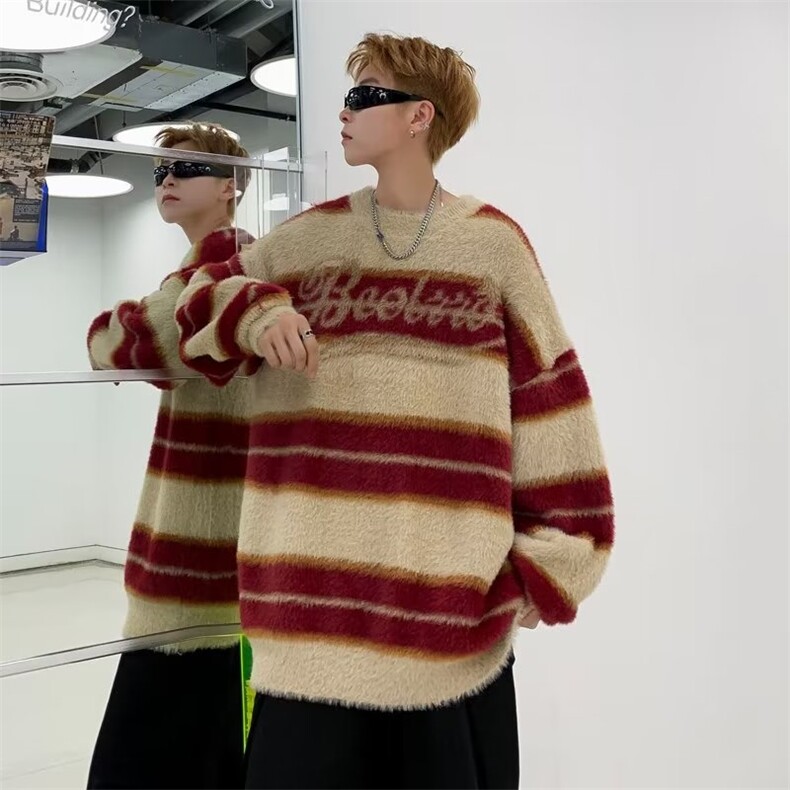 美式复古宽松毛衣男2024秋冬新款学院慵懒风条纹针织衫外套潮ins,男装针织衫/毛衣,星座716-2