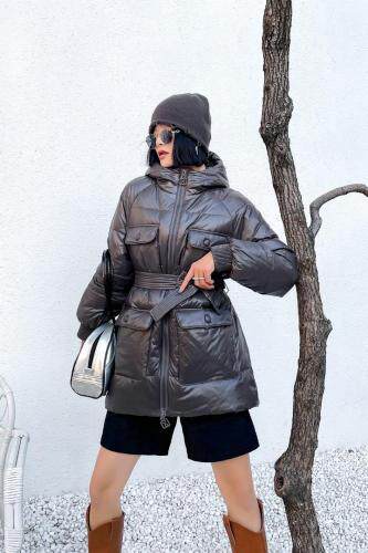 连帽口袋腰带羽绒服90绒,女装羽绒服,哥卓