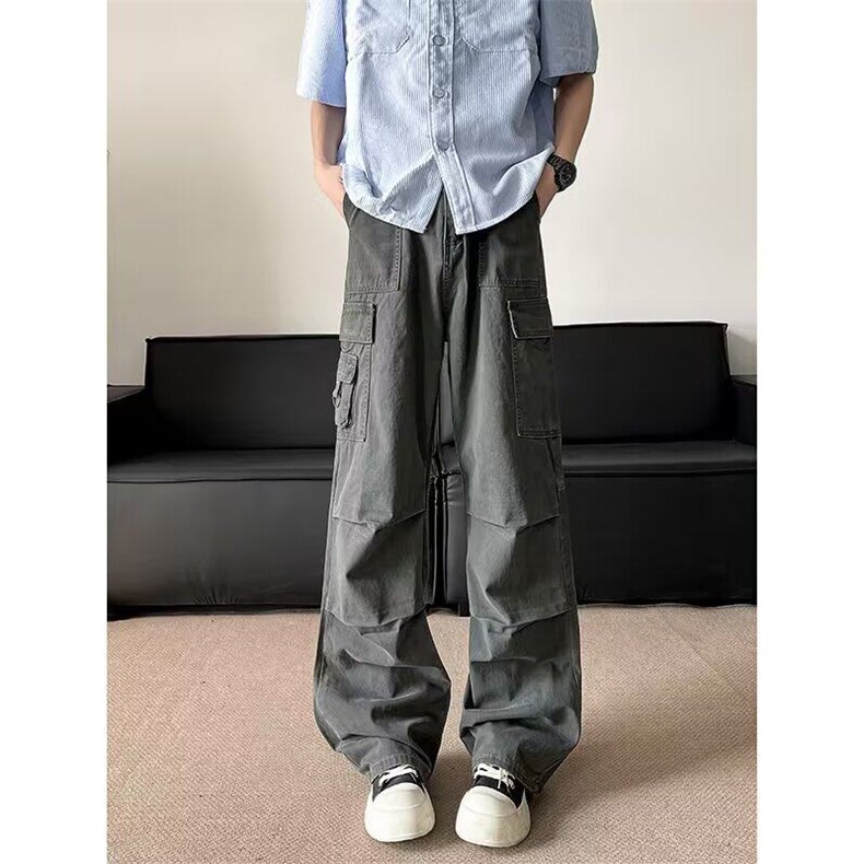 美式复古水洗多口袋直筒工装裤男女街头宽松百搭褶皱休闲裤男，男装工装外套，星座813-2