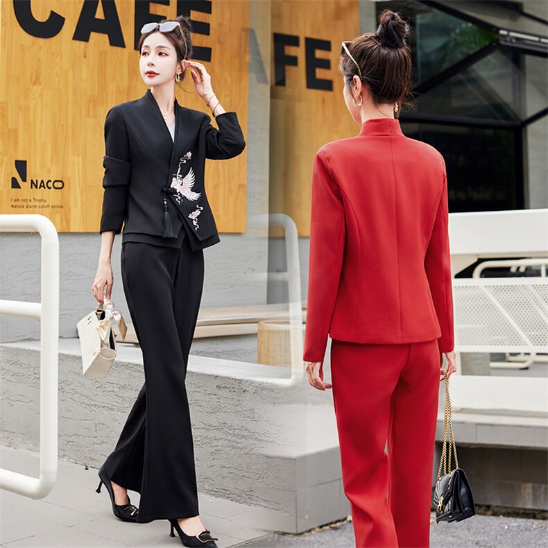 秋冬女士长裤长袖修身高腰纯色显瘦刺绣套装职业气质大码女装潮流，女装套装/套裙，红依一坊