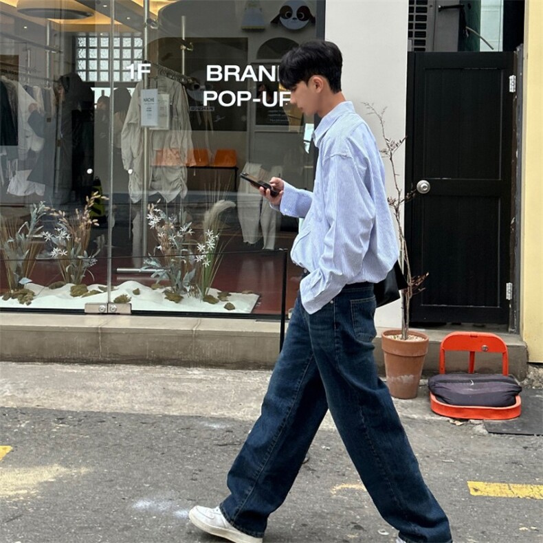 816B-CS015-P65条纹衬衫高级感宽松百搭韩版中性牛仔外套韩春,男装衬衫,星座816B