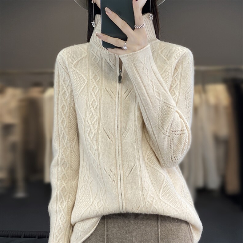 秋冬新款100%纯羊毛开衫女高领拉链外套长袖毛衣宽松针织羊绒外搭，女装羊毛衫，端硕羊绒