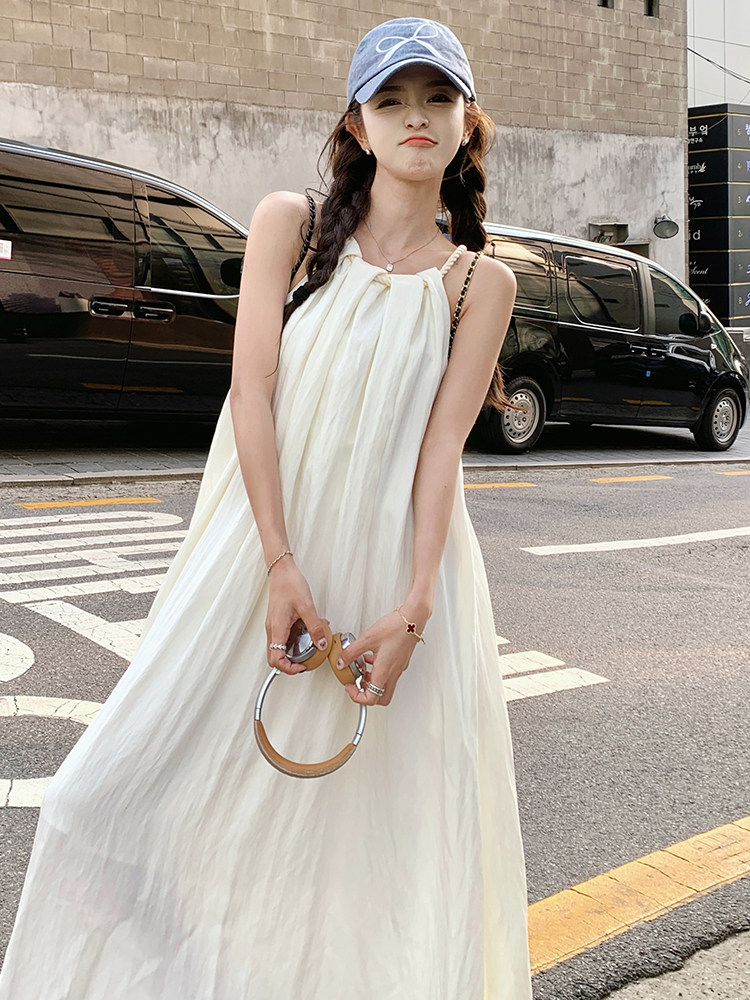 挂脖领露肩无袖连衣裙女夏2024新款设计感麻绳慵懒宽松显瘦长裙子,女装连衣裙,诺蝶