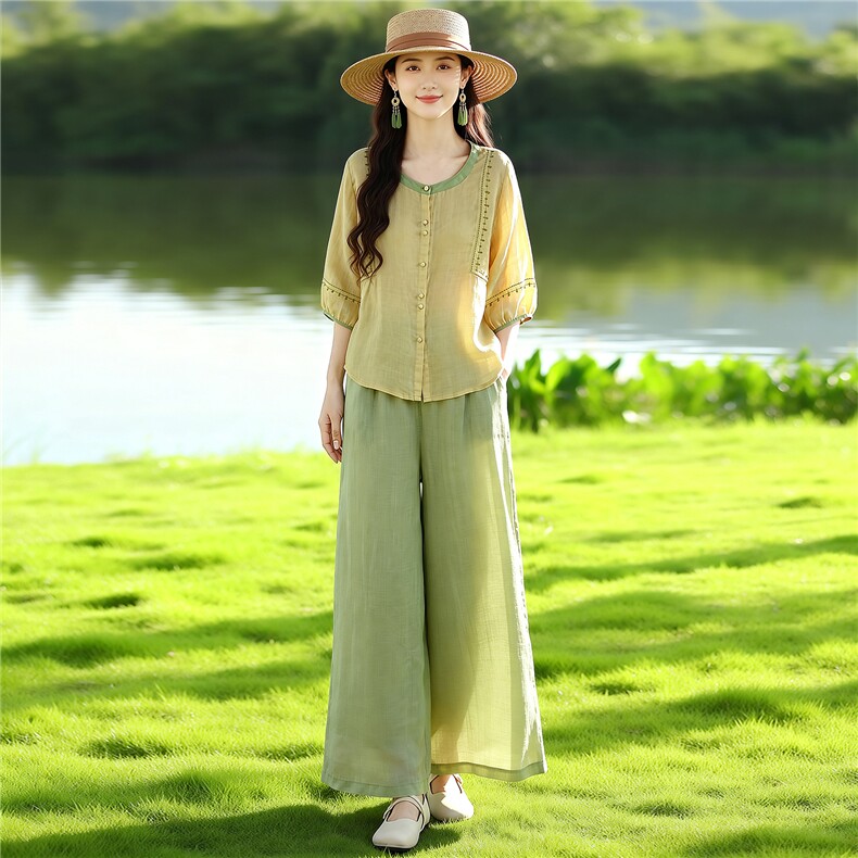 芷墨夏季新款松弛简约通勤上衣阔腿裤两件套显高显瘦宽松套装女,女装套装/套裙,芷墨服饰