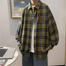 夏季文艺格子长袖气质百搭潮流男标准青春流行拼色衬衫，男装衬衫，星座716-4