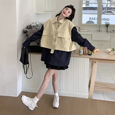 现货工装风马甲拼接个性衬衫假两件套2C050-1226-P155-K238，女装短外套，2C050