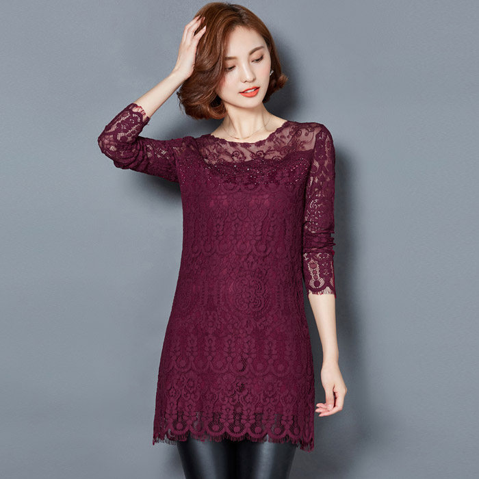 圆领时尚修身宽松优雅蕾丝衫2021年秋季长袖套头，女装蕾丝衫/雪纺衫，安之芮娜