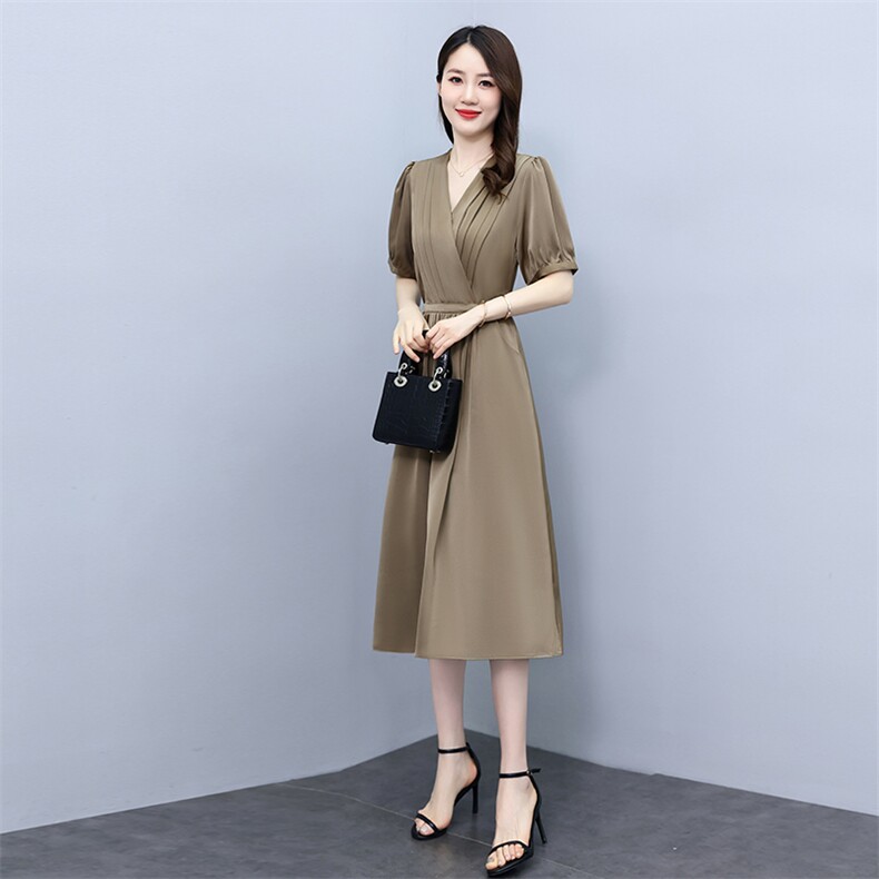 连衣裙女2024年夏季新款系带短袖收腰宽松优雅显瘦法式气质中长裙,女装连衣裙,拾衣