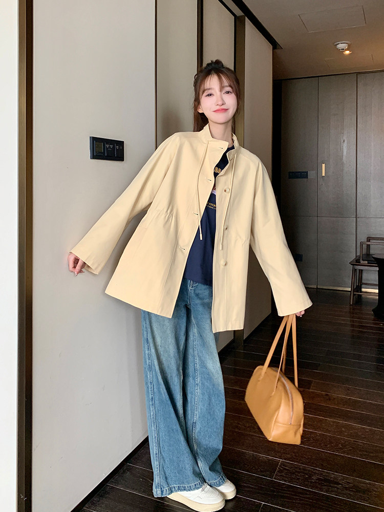 黄色工装风衣外套女春秋2024新款韩系宽松小个子抽绳收腰显瘦夹克,女装风衣,浙宝192（原082）