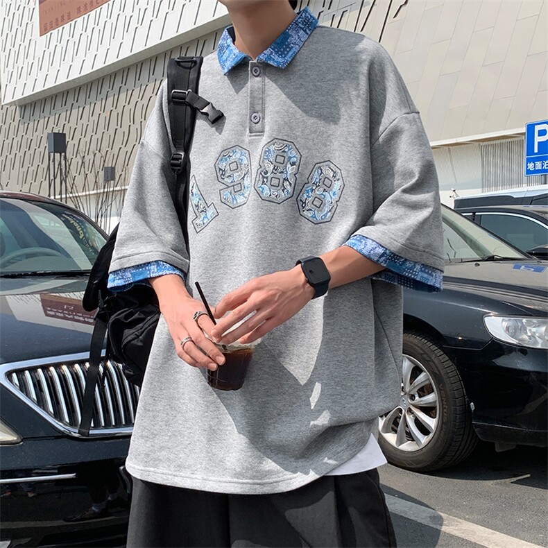 新款优品男士短袖刺绣贴标半开拉链印花T恤宽松上衣ZD3314-P54,男装T恤,星座717