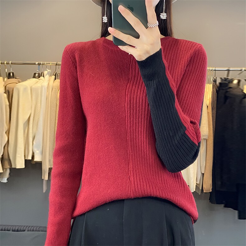 秋冬新款百搭毛衣女纯色简约时尚打底圆领针织衫,针织衫/毛衣,佳绒包芯纱店