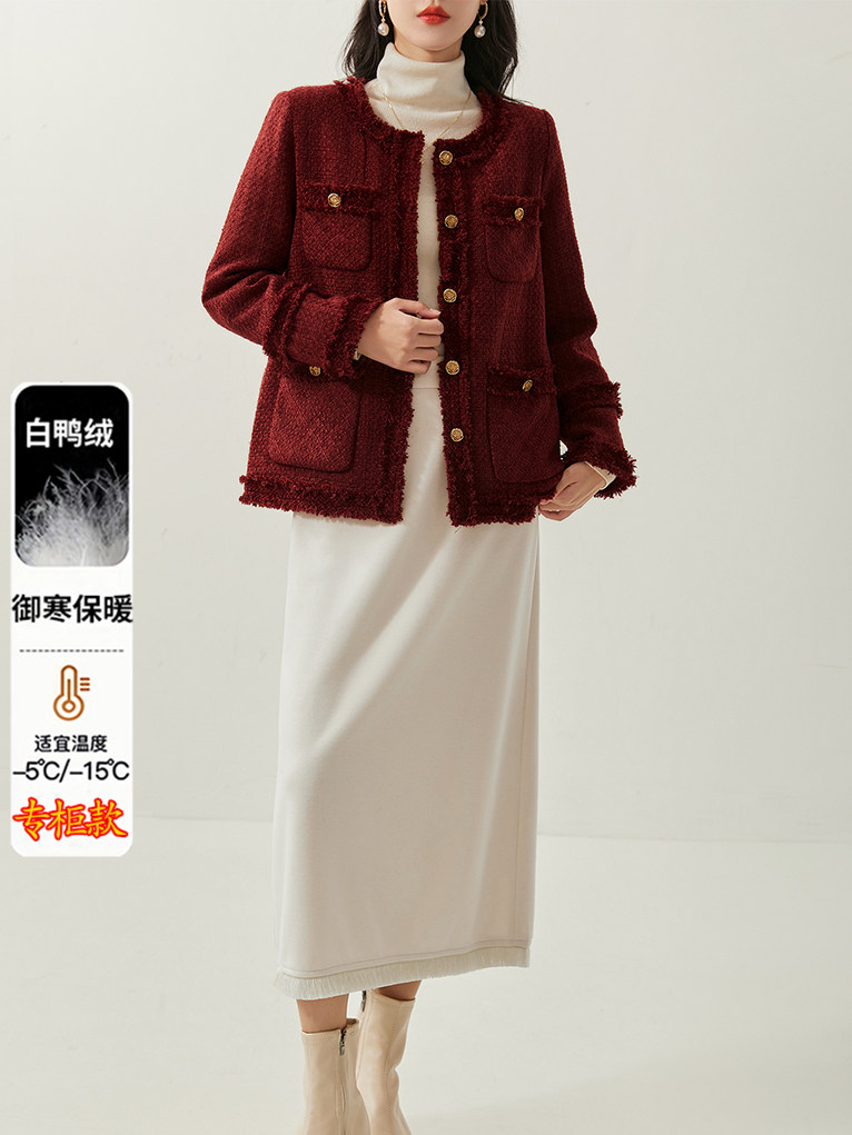 小香风外套女2025冬季新款白鸭绒洋气显瘦手工拉须毛边羽绒服外套,女装羽绒服,纪茹