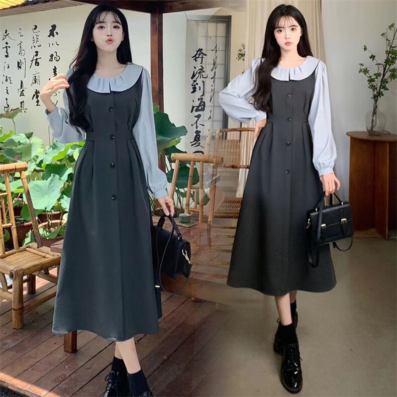娃娃领衬衫拼接假两件连衣裙女2025春季新款小个子高级感长裙子，女装连衣裙，星宇服饰