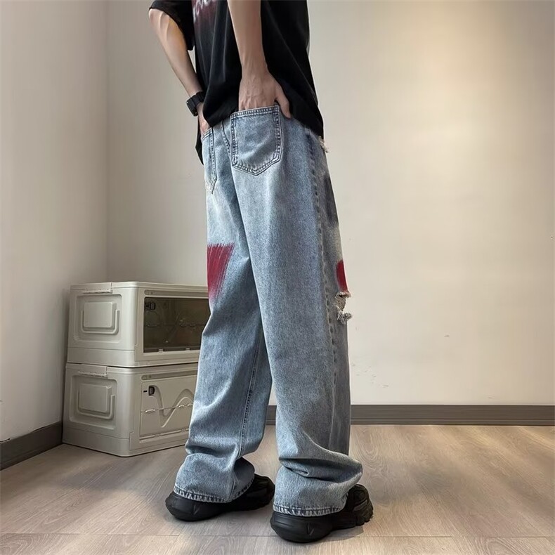 夏季涂鸦新款男洗水破洞牛仔裤男女阔腿拖地裤直筒裤子N0078-P45,男装牛仔裤,星座308B-2