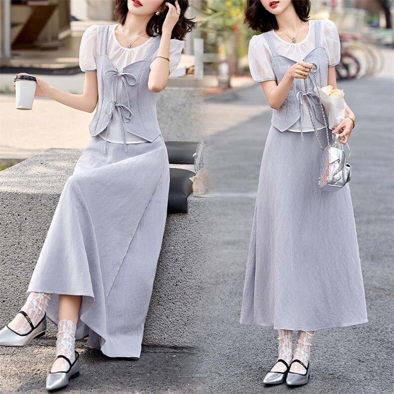 2025年夏季最新款法式气质收腰小众假两件连衣裙休闲显瘦两件套装，女装套装/套裙，潮流依族