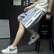 2021夏季新日系大码男新灰墙撞色拼接字母印花牛仔短裤ND5198-P45，男装牛仔裤，电商A001