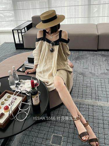 舒适麻料一字肩吊带连衣裙，女装背心吊带，欧妮卡蒂蔓