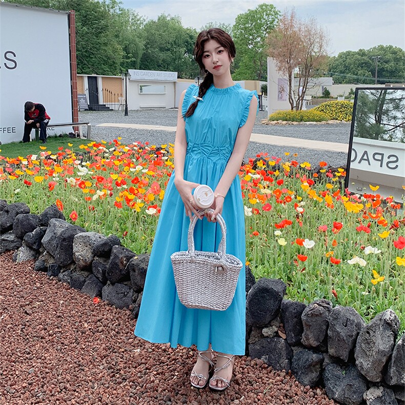 2025夏季新款气质连衣裙女设计感木耳边收腰显瘦长款裙子,女装套装/套裙,欧黛芙妮
