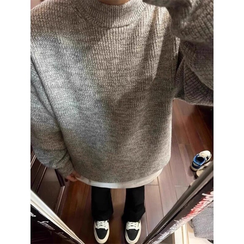 美式复古cleanfit灰色正肩毛衣男款冬季圆领套头内搭打底针织衫潮图片