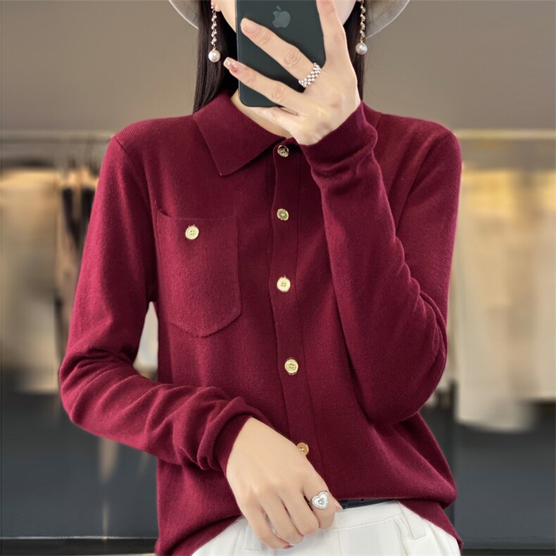 鄂尔多斯市翻领羊毛针织开衫外套女宽松薄款春秋新款毛衣外搭,针织衫/毛衣,大美人包芯纱店