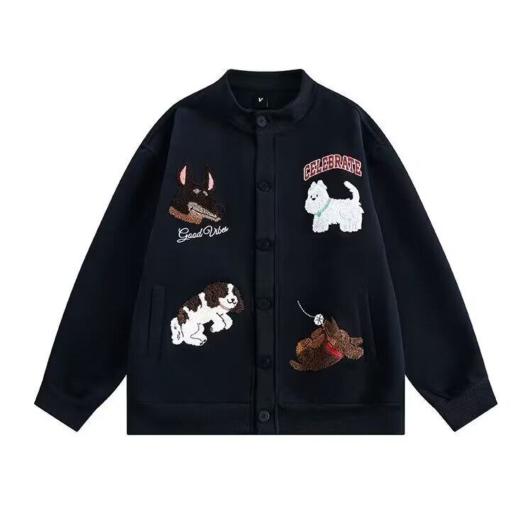 春秋美式复古刺绣小狗宽松棒球服外套男女情侣开衫卫衣GA814P48，女装短外套，星座1013-5
