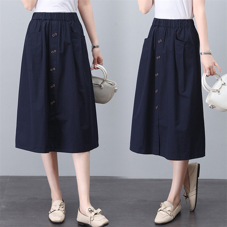 卡其色半身裙女夏2025新款时尚休闲松紧腰中年妈妈中长款纯棉裙子，女装半身裙，玛其路