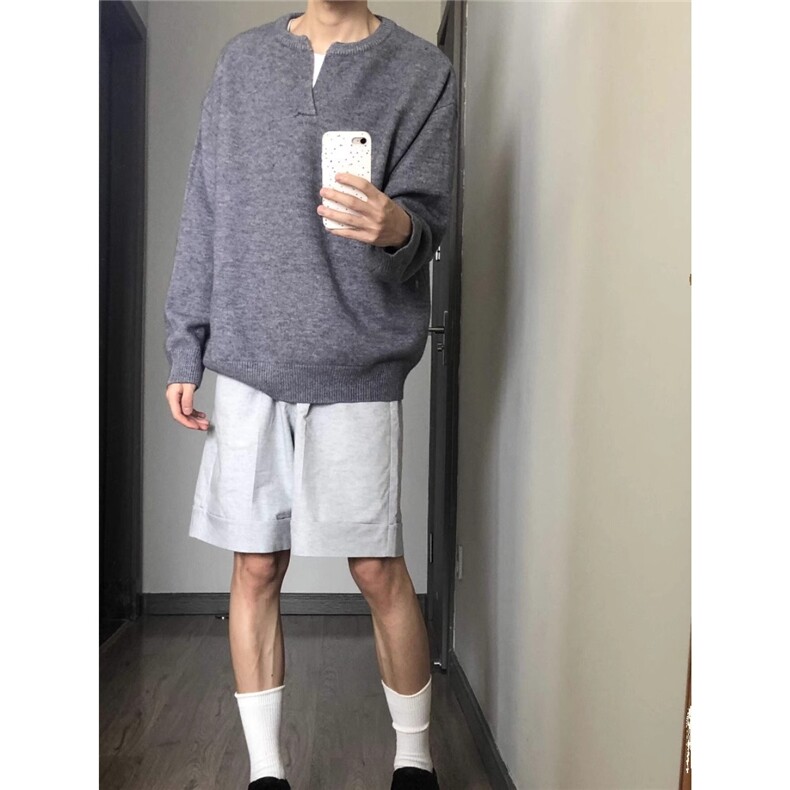 小V领套头毛衣男秋季韩版宽松慵懒风纯色针织上衣情侣,男装针织衫/毛衣,星座506A