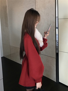 现货新款圣诞款2176-P350-K520双面羊绒大衣配狐狸毛围脖图片
