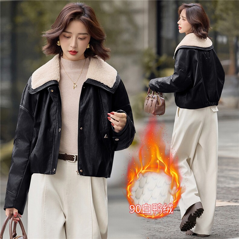 数据好90绒羽绒服。2025冬季新款PU皮羊羔毛领子90绒羽绒服外套女,女装短外套,E百度