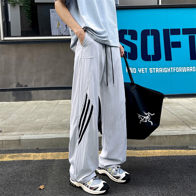 特批P25无差价夏季潮流冰丝薄款三条杠运动宽松阔腿裤男K5796B,男装休闲裤,电商A001