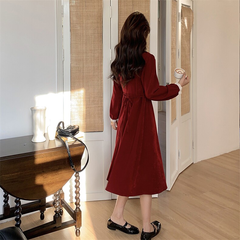 赫本风红色订婚小香风连衣裙女2025春季新款收腰显瘦长袖气质裙子,女装连衣裙,浙宝276（原081）