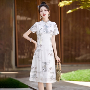 新中式素雅水墨印花连衣裙女2024夏季新款小个子修身国风旗袍裙子图片