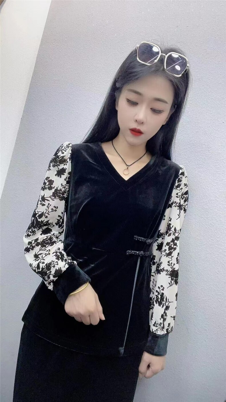 洋气小衫2024春秋季新款妈妈上衣时尚气质长袖镂空金丝绒小衫，女装蕾丝衫/雪纺衫，思沃羊绒