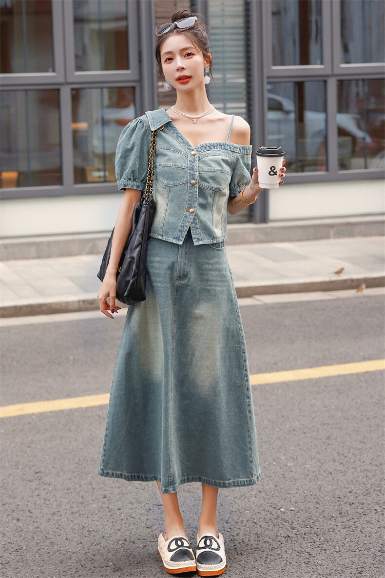 设计感小众牛仔套装裙女2024夏季新款不规则短袖上衣半身裙两件套,女装套装/套裙,韩蜜菓