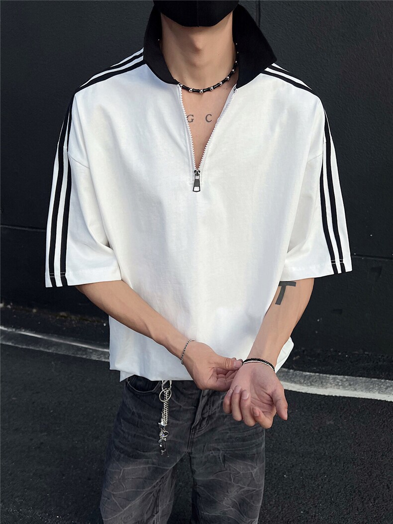 得物300克重磅纯棉宽松撞色打底短袖拉链POLO衫T恤男RH5033-特P40,男装T恤,星座610B-1