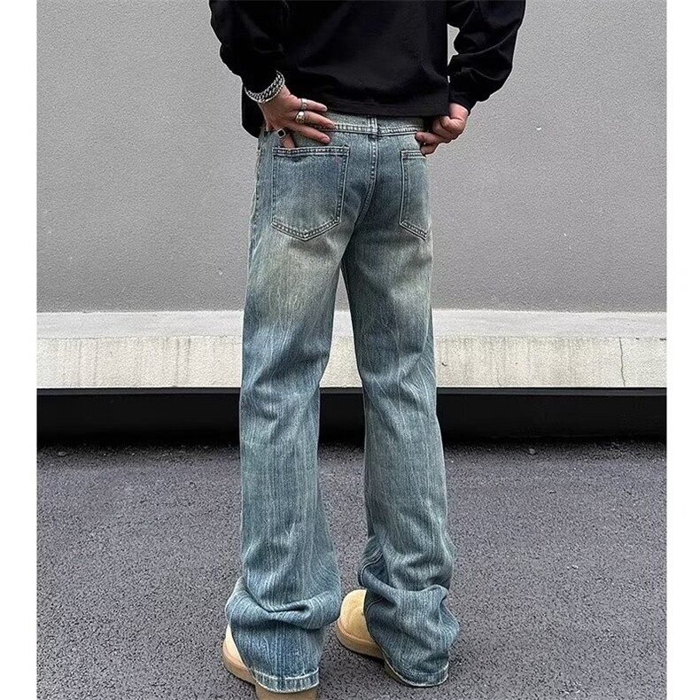 美式复古竹节纹水洗牛仔裤男百搭宽松直筒微喇长裤NA263-P52,男装牛仔裤,星座208-5