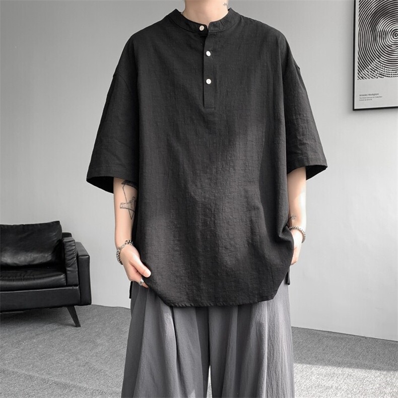 8XL-M中式立领棉麻T恤特大码亨利领亚麻短袖polo衫半袖DX1210/P45,男装T恤,电商B238
