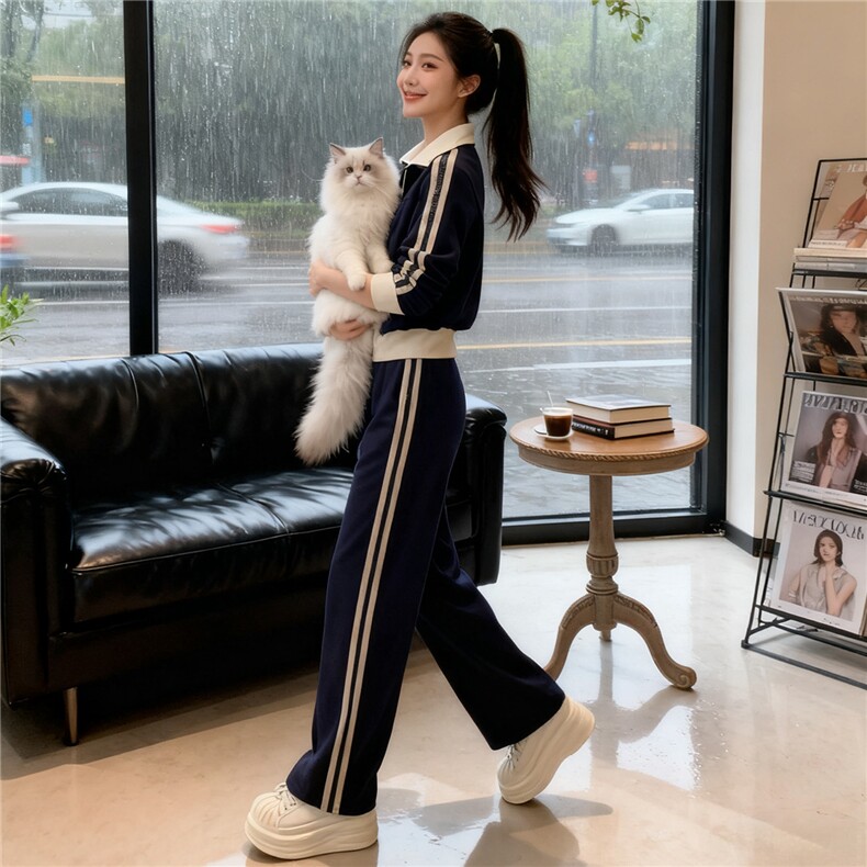 时尚休闲运动套装女秋新款洋气显瘦短款拼接撞色外套阔腿裤两件套,女装套装/套裙,江南