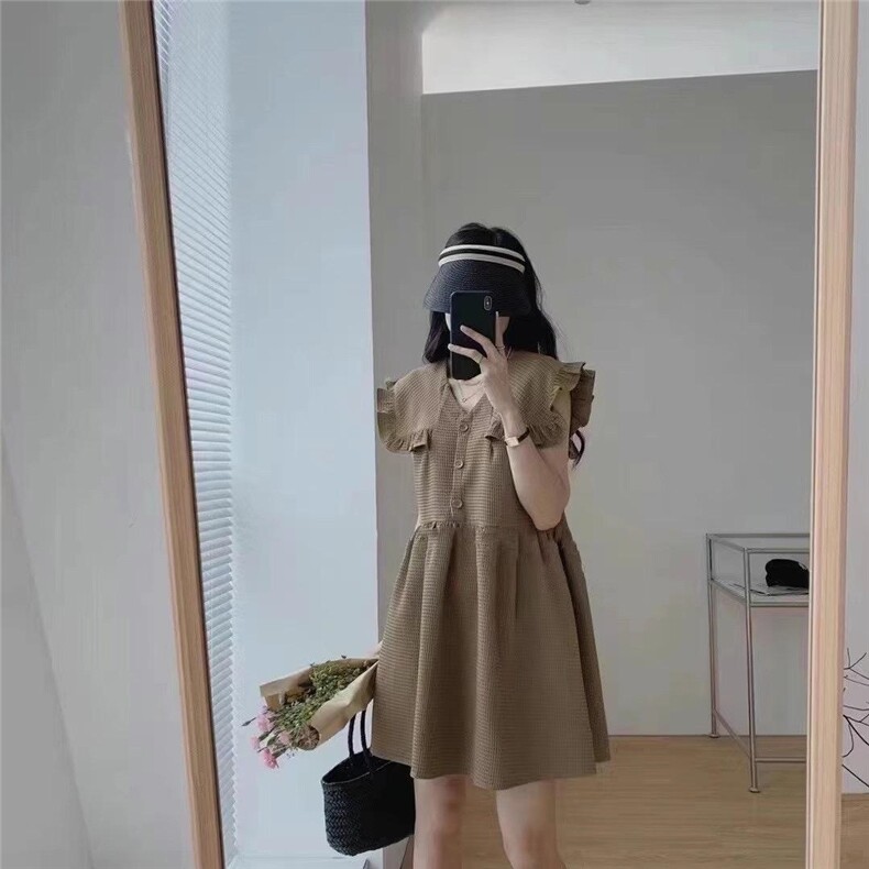 木耳边娃娃衫连衣裙，女装连衣裙，玩美