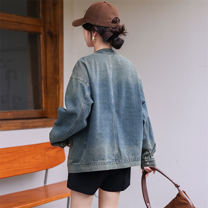 现货复古洗水多口袋牛仔外套女早秋2024新款设计感宽松显瘦上衣，女装牛仔外套，美拉德工厂直营店